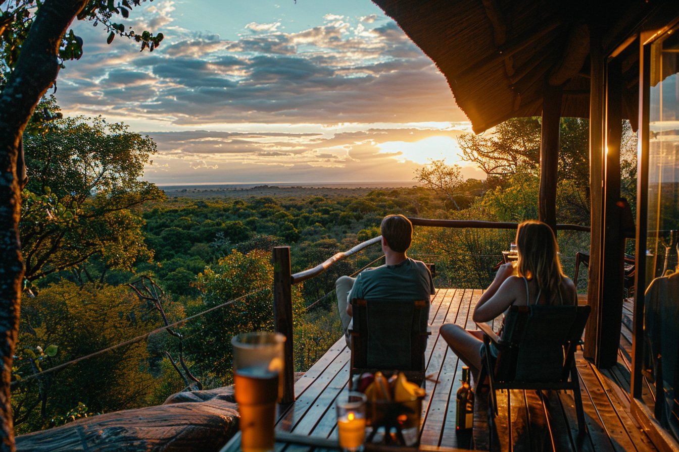 Wooden viewing deck of a safari lodge near Hazyview overlooking dense bushveld, early evening light casting soft shadows, guests seated quietly with drinks, no wildlife in frame but tension and presence felt in the landscape realistic photo style, natural lighting, 35mm lens perspective, cinematic composition --ar 3:2 --raw --stylize 250 --v 6 Job ID: b4dc3e5e-1485-4a8f-bd61-aebead79427e