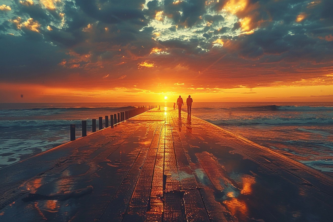 Wide-angle view of Swakopmund Jetty at sunset, silhouettes of a few people standing at the edge, dramatic sky reflecting on wet planks, Atlantic Ocean stretching into the horizon, soft orange light and long shadows realistic photo style, natural lighting, 35mm lens perspective, cinematic composition --ar 3:2 --raw --stylize 250 --v 6 Job ID: f7714991-51ac-40d8-bf38-6f1aee871747