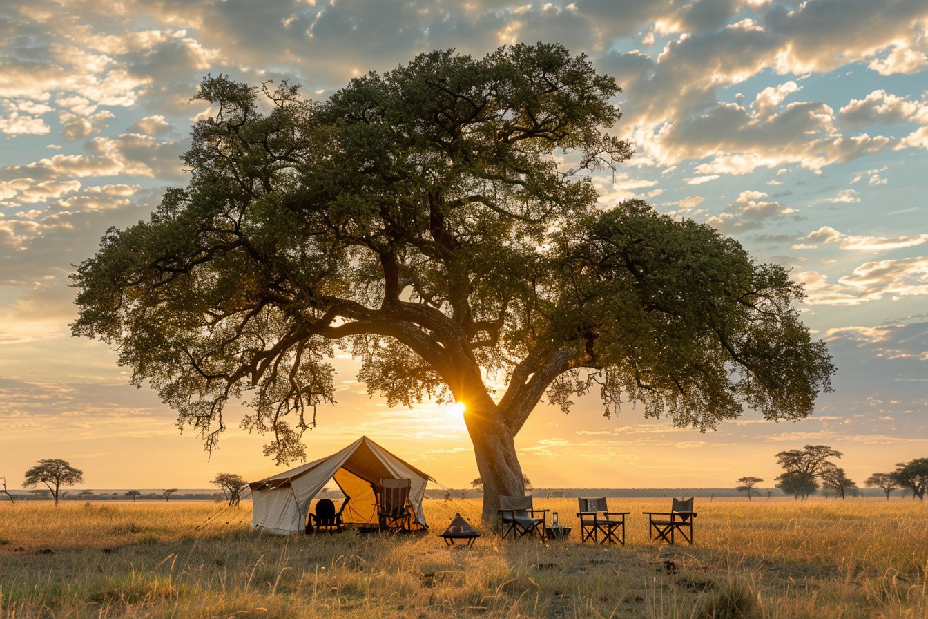 Minimalist fly camp setup on the Katisunga Plains in Katavi, canvas tents under a large fig tree, open fire pit, folding chairs facing the endless savanna, golden hour lighting with distant sounds implied by stillness, untouched wilderness vibe realistic photo style, natural lighting, 35mm lens perspective, cinematic composition --ar 3:2 --raw --stylize 250 --v 6 Job ID: d073d22b-692d-4e77-ac8b-b2ab4b692fa9