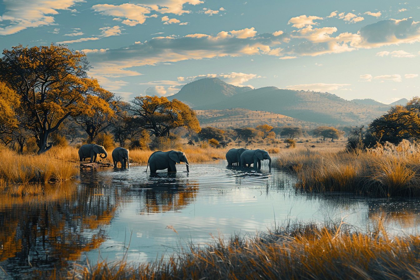 A family of elephants gathered around a waterhole in Klaserie Private Game Reserve under midday sun, calves playing near the water, no humans, wide and open perspective with surrounding trees and distant hills realistic photo style, natural lighting, 35mm lens perspective, cinematic composition --ar 3:2 --raw --stylize 250 --v 6 Job ID: 539b8b07-7290-4ec7-ad60-d6703cbb15fe