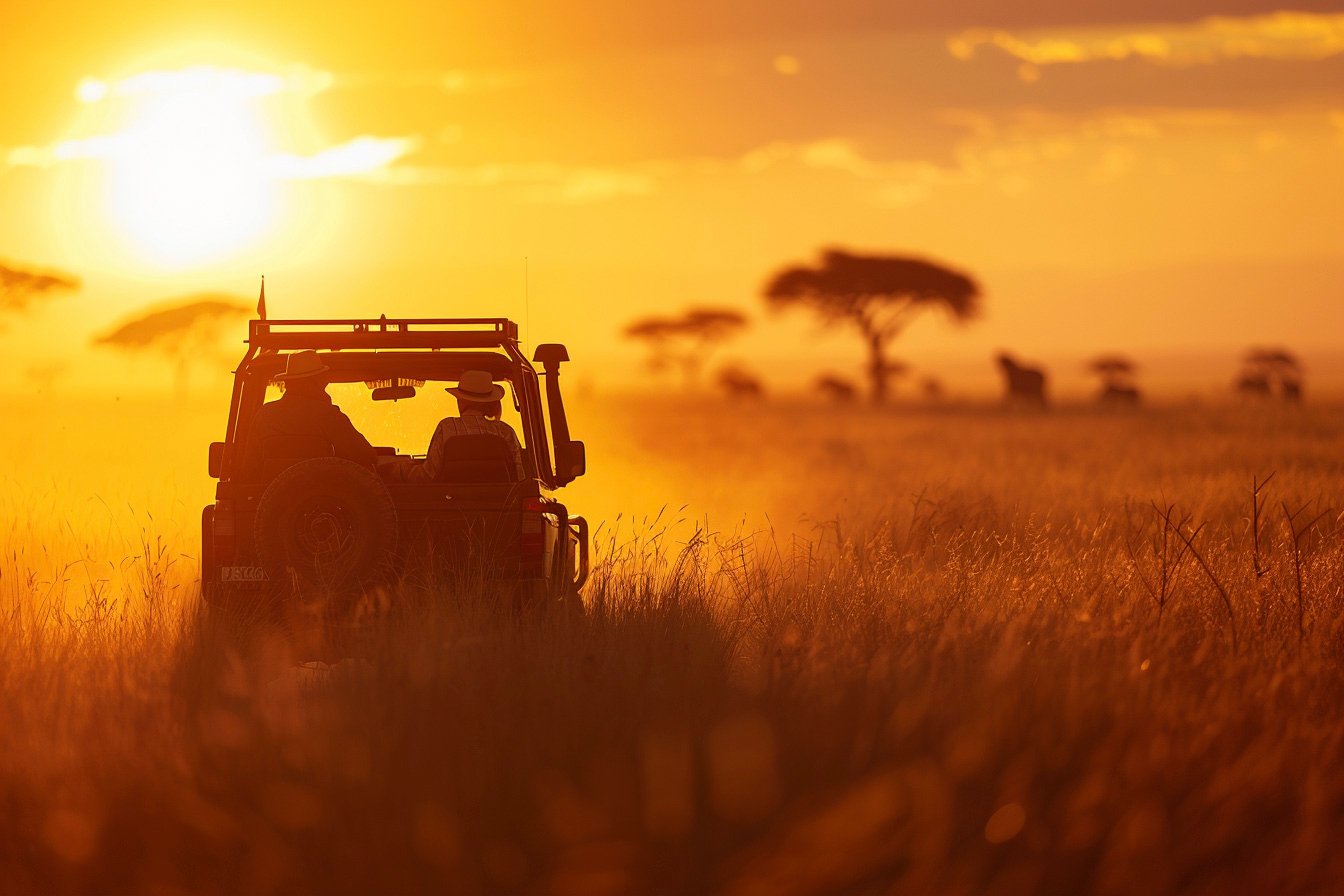 Open safari vehicle moving slowly through golden grasslands in Klaserie Private Game Reserve at sunset, silhouettes of two travelers with binoculars and guide in front, dust rising behind the tires, acacia trees in the distance, warm backlight realistic photo style, natural lighting, 35mm lens perspective, cinematic composition --ar 3:2 --raw --stylize 250 --v 6 Job ID: f6993e17-722a-4f06-aaa3-7a9597b84170