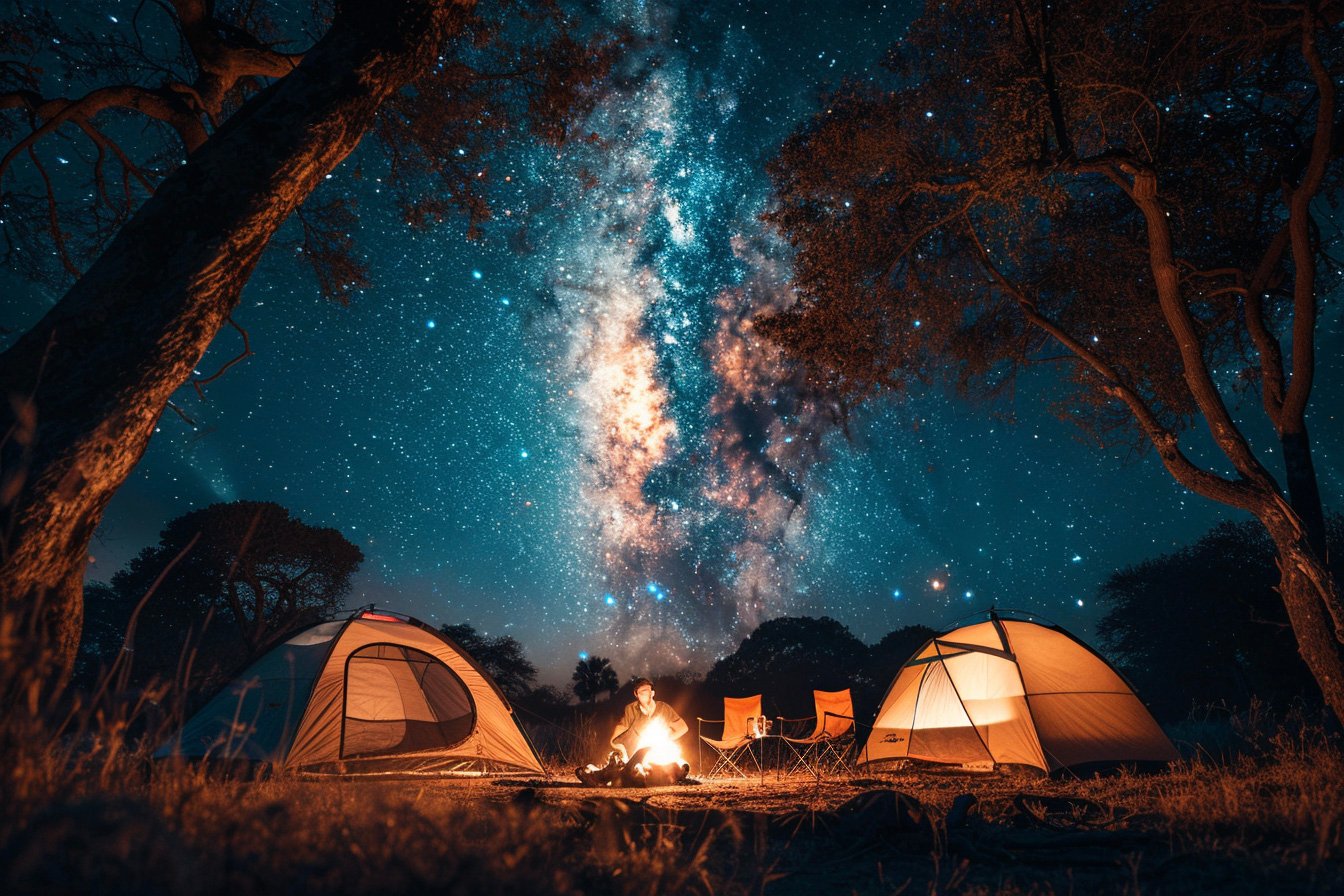 Small safari camp deep in Moremi Game Reserve, tents surrounding a glowing campfire, a few people seated in camping chairs, silhouettes under a vast starry sky, acacia branches framing the top edge of the scene, untouched wilderness vibe realistic photo style, natural lighting, 35mm lens perspective, cinematic composition --ar 3:2 --raw --stylize 250 --v 6 Job ID: 8d46eb95-03f7-43a1-9ecb-d182e70768f7