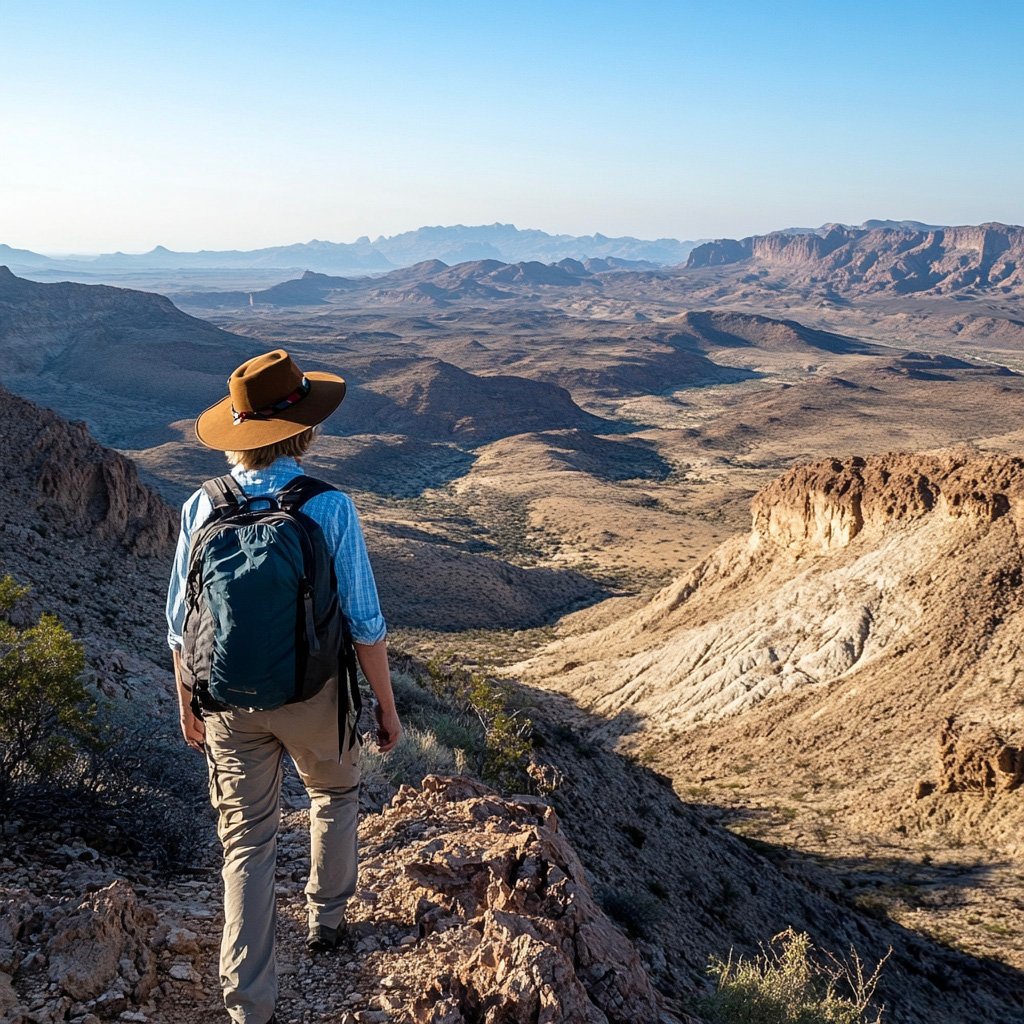 A middle-aged solo traveler walking along the edge of a ridge near Gamsberg Pass, seen from behind, wide-brimmed hat and daypack, rocky terrain and vast semi-desert landscape stretching into the distance, crisp clear air --v 6.1 Job ID: 25f24ddf-e11a-4697-9537-80a1528555af