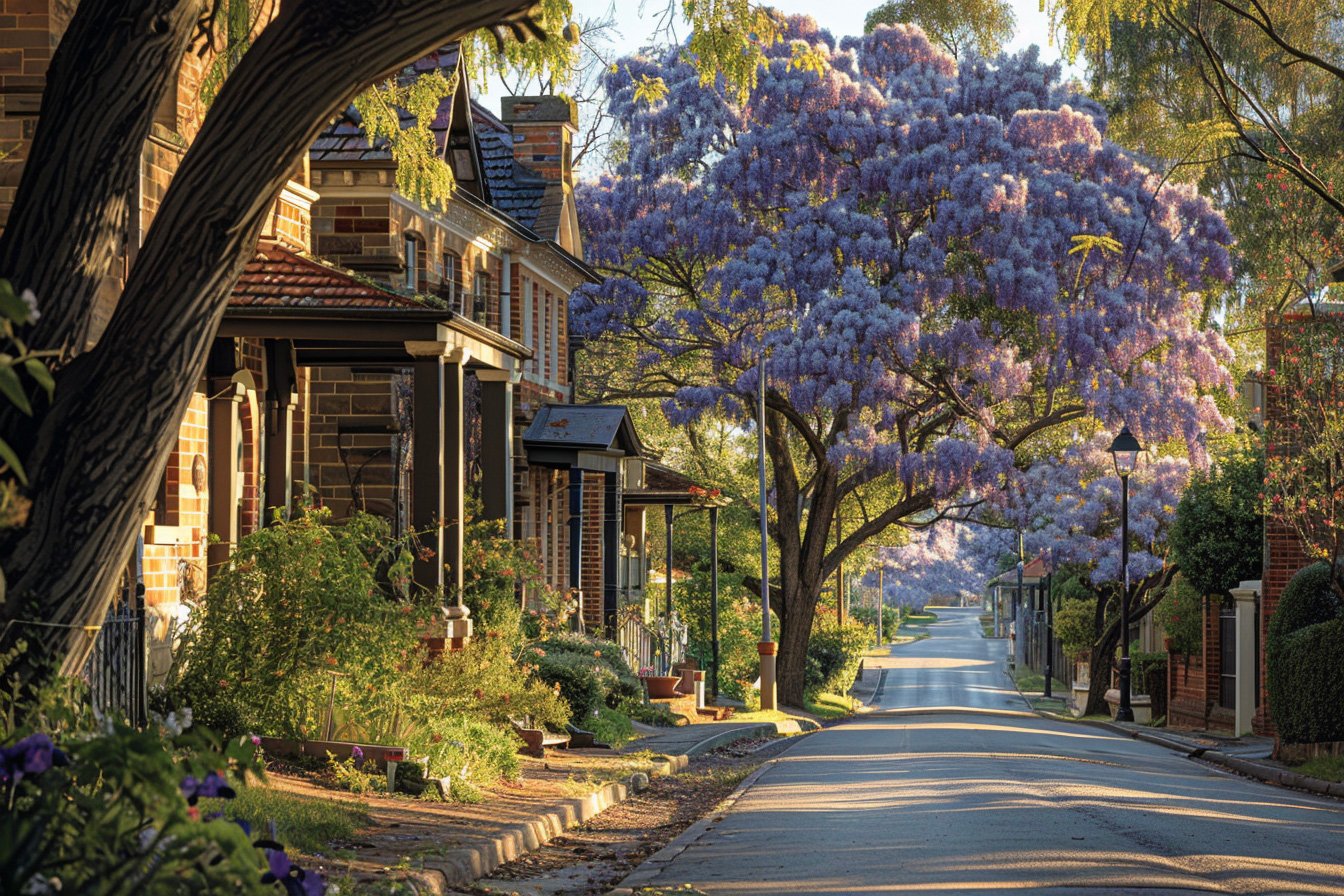 Quiet afternoon street scene in Robertson town with preserved Victorian buildings, jacaranda trees in bloom casting dappled shadows, no people, a sense of stillness and history, clean sidewalks and classic signage realistic photo style, natural lighting, 35mm lens perspective, cinematic composition --ar 3:2 --raw --stylize 250 --v 6 Job ID: 9adfcaf6-a58e-4afe-9565-ee2fb82c8707