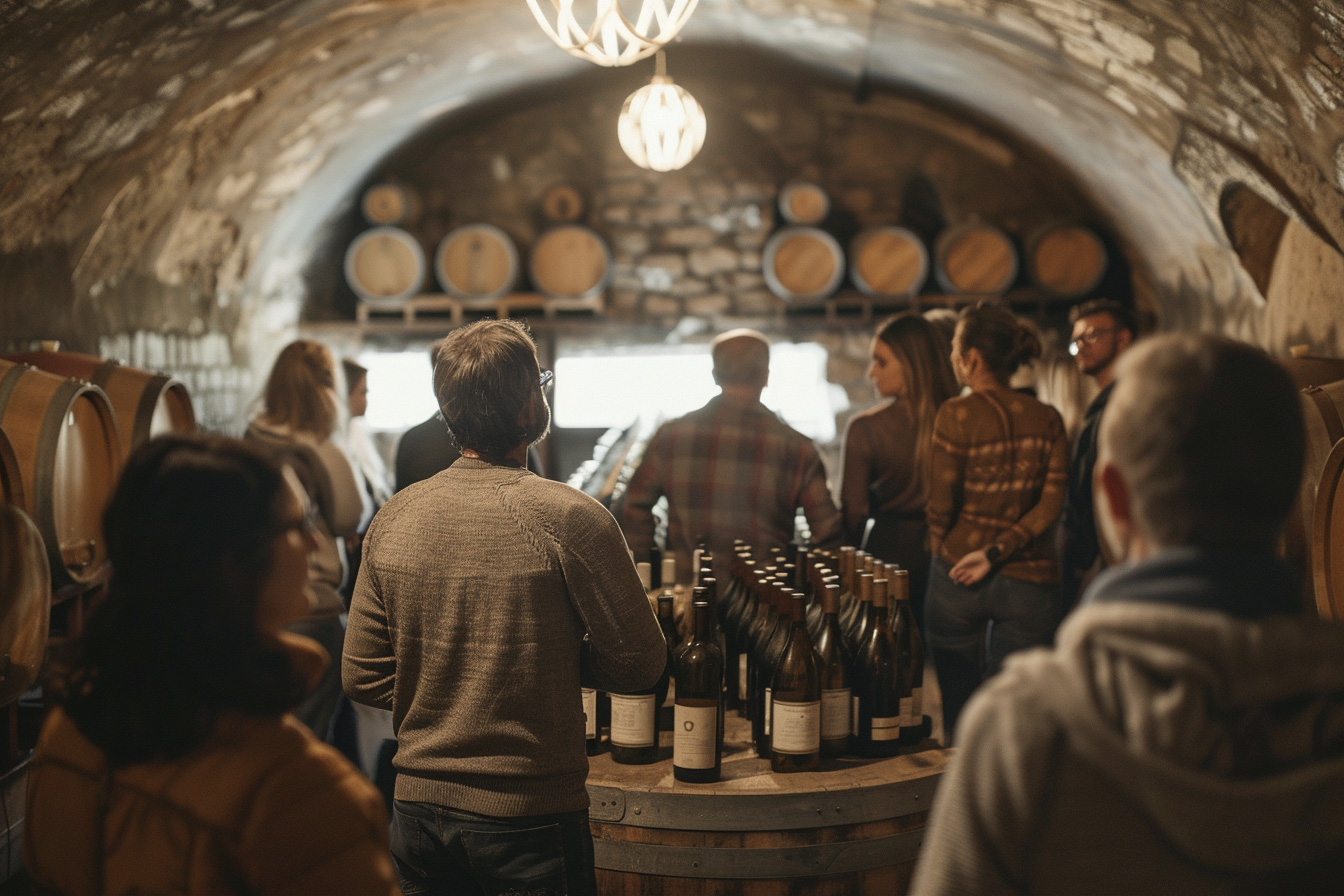 Inside a cool, dimly lit wine cellar in Robertson, a small group of travelers listening to a vintner explain oak barrels, casual attentive posture, natural expressions, atmospheric light from small windows realistic photo style, natural lighting, 35mm lens perspective, cinematic composition --ar 3:2 --raw --stylize 250 --v 6 Job ID: 707fbece-018f-44dd-94d0-fdfd0e825493