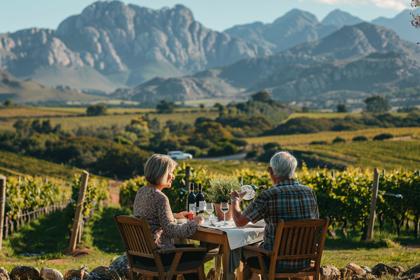 Senior couple seated at an outdoor table at a Robertson wine estate, overlooking vineyards with the Langeberg mountains in the background, a staff member pouring wine, natural interaction and relaxed midday light, candid moment realistic photo style, natural lighting, 35mm lens perspective, cinematic composition --ar 3:2 --raw --stylize 250 --v 6 Job ID: 5345deea-4797-4d04-a2f6-10720535b234