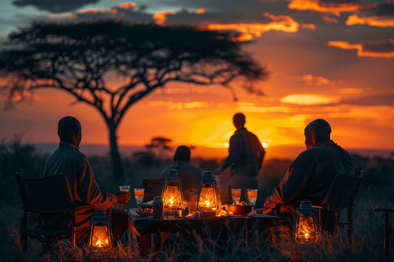 Campfire dinner setup at Serengeti Kati Kati Camp just after sunset, long communal table with lanterns, three senior travelers seated and chatting, staff in the background serving food, silhouettes against the fading orange sky, distant acacia tree visible realistic photo style, natural lighting, 35mm lens perspective, cinematic composition --ar 3:2 --raw --stylize 250 --v 6 Job ID: e5ad0e7b-47b6-495c-b8d8-ed25f45fb0f5