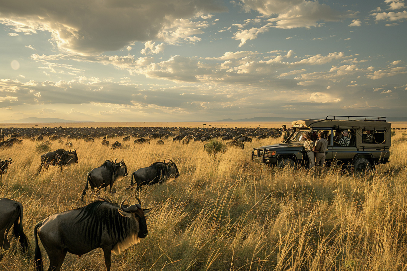 Open safari vehicle parked near Serengeti Kati Kati Tented Camp in the afternoon, with two older travelers stepping out, distant herds of wildebeest on the plains, soft shadows from scattered clouds, expansive savanna background realistic photo style, natural lighting, 35mm lens perspective, cinematic composition --ar 3:2 --raw --stylize 250 --v 6 Job ID: 3dc47a5a-47df-4697-8484-b9d29da8c34a