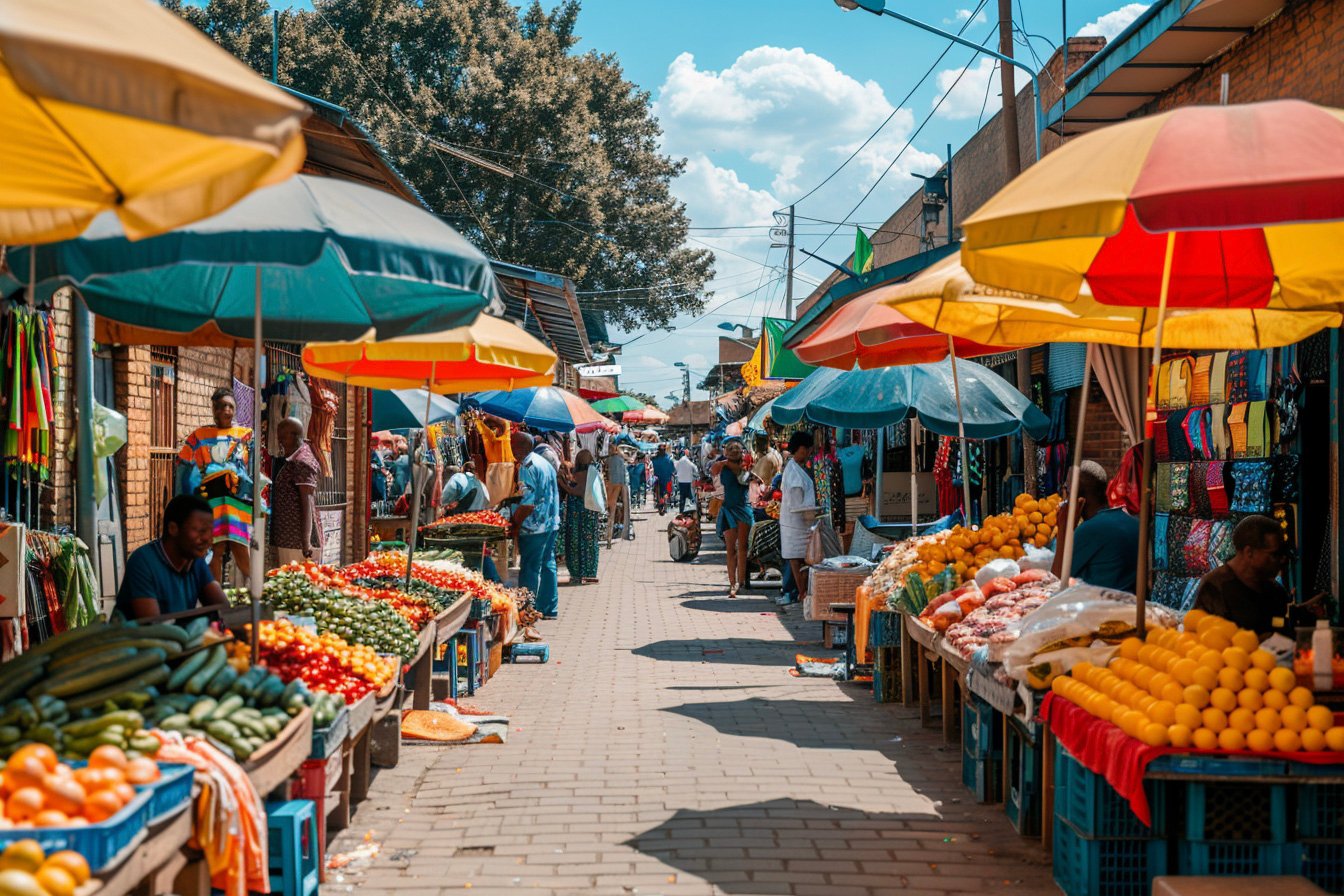 Vibrant street market in Soweto with vendors selling fresh produce, clothes, and crafts, people chatting and bargaining, colorful umbrellas and stalls, bright sunlight highlighting textures and colors realistic photo style, natural lighting, 35mm lens perspective, cinematic composition --ar 3:2 --raw --stylize 250 --v 6 Job ID: 68eb7291-e04a-4897-befa-8a3703f44f32