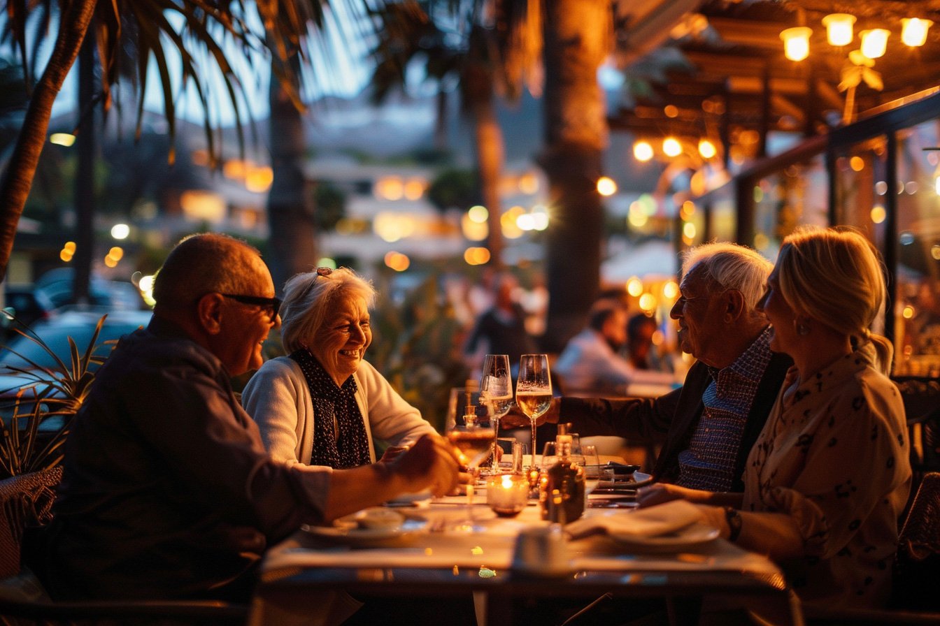 Outdoor seating area at a local Windhoek restaurant in the evening, soft warm lights, a table of senior travelers sharing a first dinner together, wine glasses raised for a toast, relaxed smiles, background with palm trees and city lights realistic photo style, natural lighting, 35mm lens perspective, cinematic composition --ar 3:2 --raw --stylize 250 --v 6 Job ID: dc5c8cf8-3542-4353-856f-d0775ac0d99a