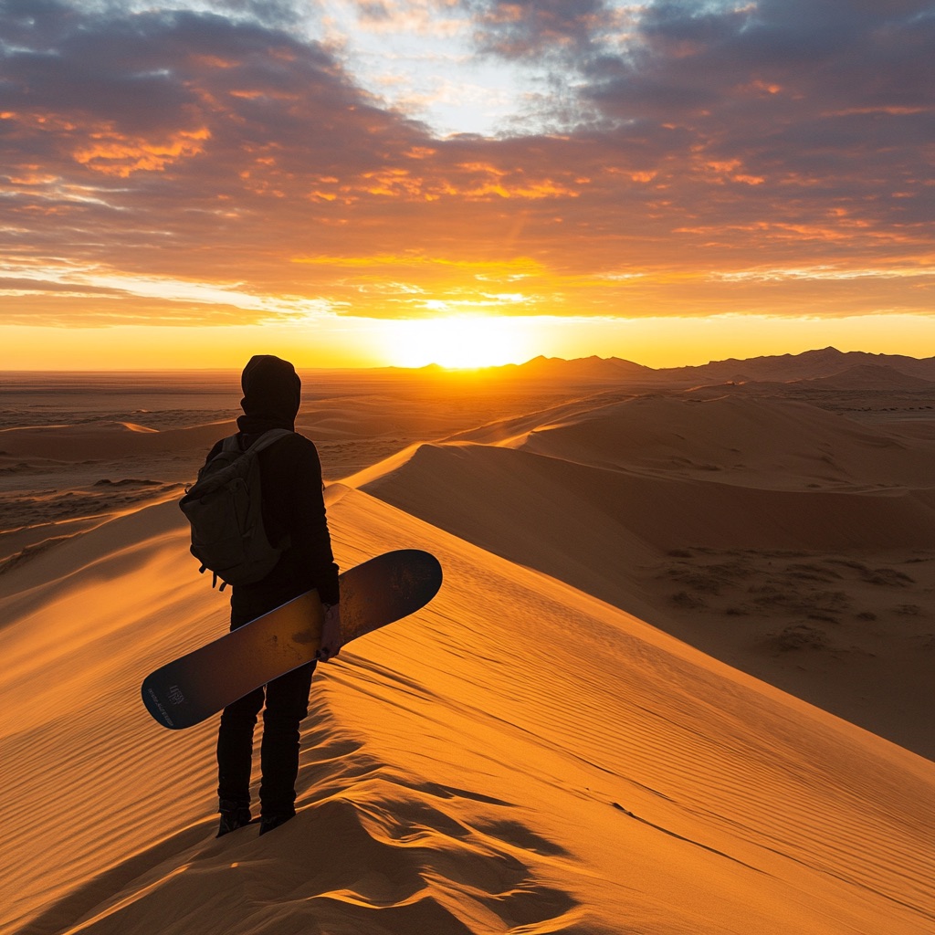 Eine Person steht barfuß auf einer goldenen Sanddüne in der Namib-Wüste, hält ein Sandboard lässig über der Schulter und blickt in Richtung eines spektakulären Sonnenuntergangs. Die warmen, orangefarbenen Strahlen der untergehenden Sonne tauchen die weiten Dünen in ein weiches Licht, während der klare, tiefblaue Himmel den Kontrast zur Wüstenlandschaft verstärkt. Die Szene strahlt Abenteuer, Ruhe und die unberührte Schönheit der Natur aus. --v 6.1 Job ID: f0b171cc-a8a7-468a-bbbb-fff250fc540c