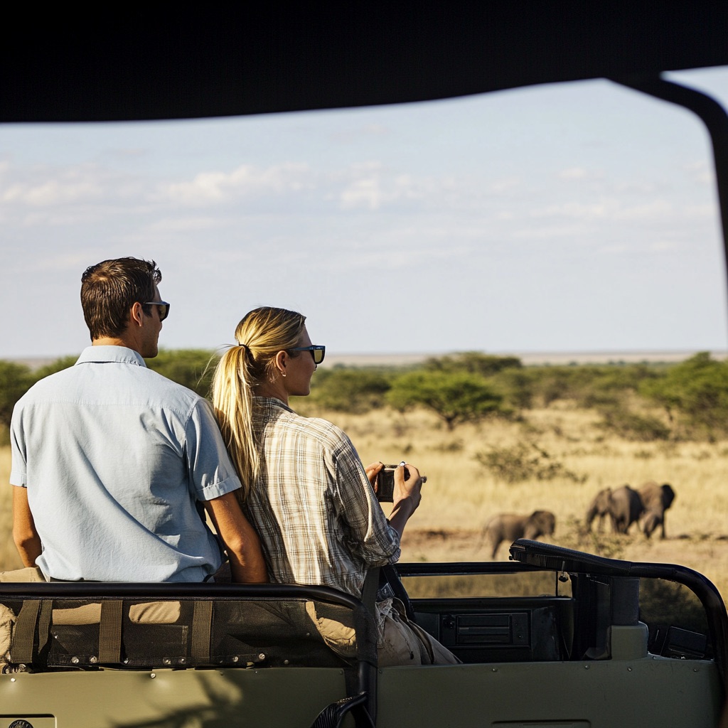 https://s.mj.run/IQVizeWyJ3I Ein Paar steht in einem offenen Safari-Fahrzeug im Etosha-Nationalpark, Namibia. Der Mann trägt ein hellblaues Hemd, während die Frau in einem lässigen Safari-Outfit mit Fernglas in der Hand die weite Savannenlandschaft beobachtet. Das Fahrzeug befindet sich auf einer grünen Ebene, umgeben von typisch afrikanischer Vegetation und unter einem klaren, sonnigen Himmel. Die Szene strahlt Abenteuer, Ruhe und die Aufregung einer Safari aus. --ar 1:1 --v 6.1 Job ID: 80c031d0-a0e9-419b-8e3f-2eae5f9852e6