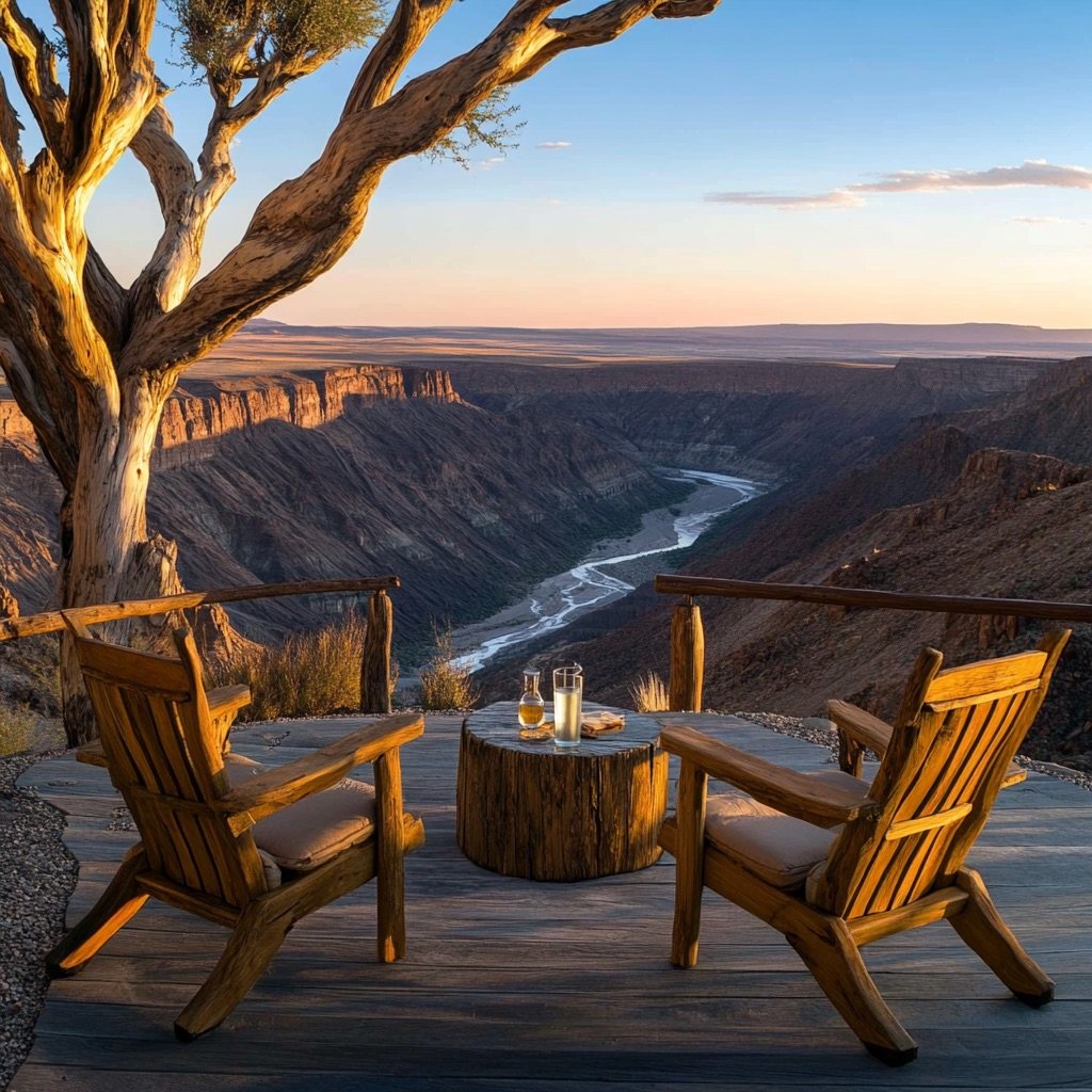 https://s.mj.run/oU7j1sfjy9E Zwei gemütliche Holzstühle stehen auf einer Terrasse mit Blick auf den beeindruckenden Fish River Canyon, beleuchtet vom warmen Licht des Sonnenuntergangs. Ein kühles Getränk steht auf einem rustikalen Tisch aus Stein, während ein markanter Köcherbaum die Szene abrundet. Die unendliche Weite der Schlucht und die friedliche Atmosphäre laden zum Entspannen ein --v 6.1 Job ID: 9d3b6303-b8f5-4f81-8f9a-c80c6991be33