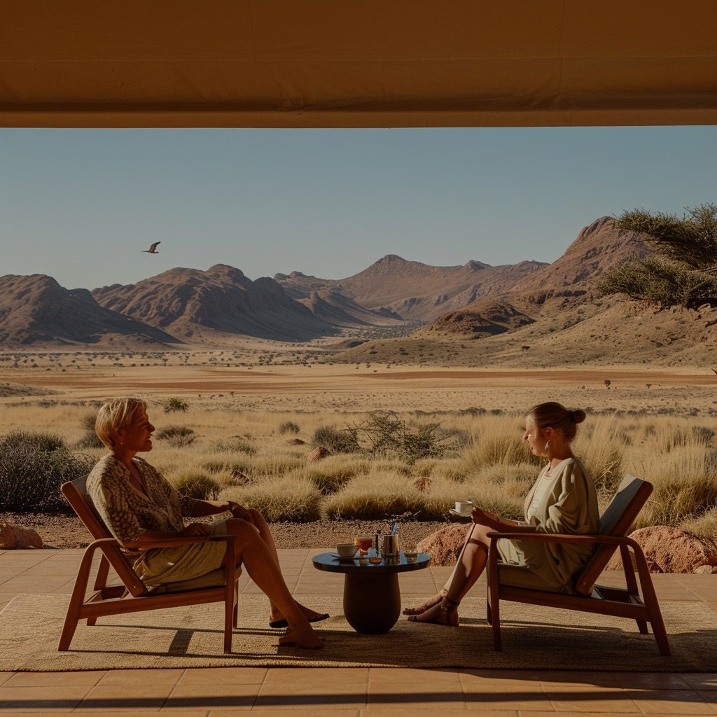 A relaxed breakfast scene on the terrace of a luxury lodge in Namibia, a female traveler seated comfortably with her legs stretched out, being served coffee by a local staff member with a warm demeanor, vast desert plain and rugged mountains in the background, a bird flying through the clear blue morning sky, warm sunlight casting soft shadows, sense of calm and connection in the remote wilderness realistic photo style, natural lighting, 35mm lens perspective, cinematic composition --ar 1:1 --raw --profile nimxj64 --stylize 250 --v 6 Job ID: cd399a36-b7da-45e5-85b4-04c1c799e712