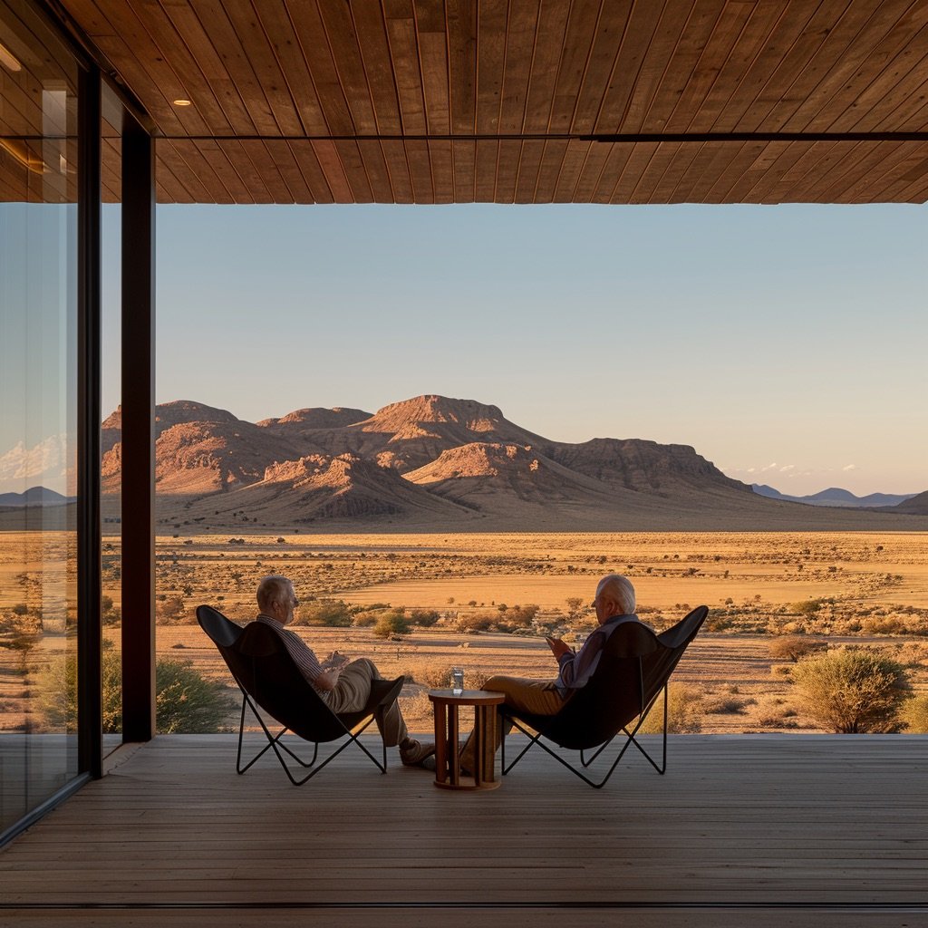 A senior couple in their 60s sitting on black butterfly chairs on the terrace of a modern desert lodge in Namibia, calmly talking to each other, relaxed posture, warm afternoon light, vast desert landscape and distant mountain range in the background, patterned shadows from the geometric roof structure, peaceful and intimate travel moment in a remote setting realistic photo style, natural lighting, 35mm lens perspective, cinematic composition --ar 1:1 --raw --profile nimxj64 --stylize 250 --v 6 Job ID: 180fbd90-3427-459e-bb8e-2cae12dd445e