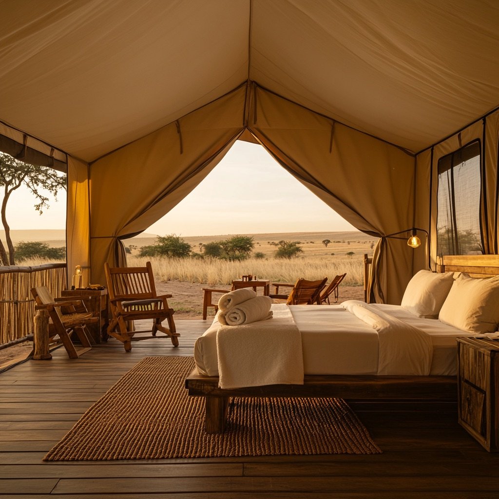 luxury safari tent interior at golden hour, warm ambient lighting, rustic wooden furniture, two canvas chairs and a wooden table on a small deck, overlooking an African savanna at sunset, cozy natural textures, rolled towels on bed, woven mat flooring, canvas walls and ceiling, handcrafted wooden clothes rack, panoramic view, peaceful and romantic atmosphere, ultra-realistic, 8k, soft golden lighting, wide-angle lens, photographic style --profile nimxj64 --v 6.1 Job ID: f02b0fe9-1284-4065-82ee-ebbb92da4741