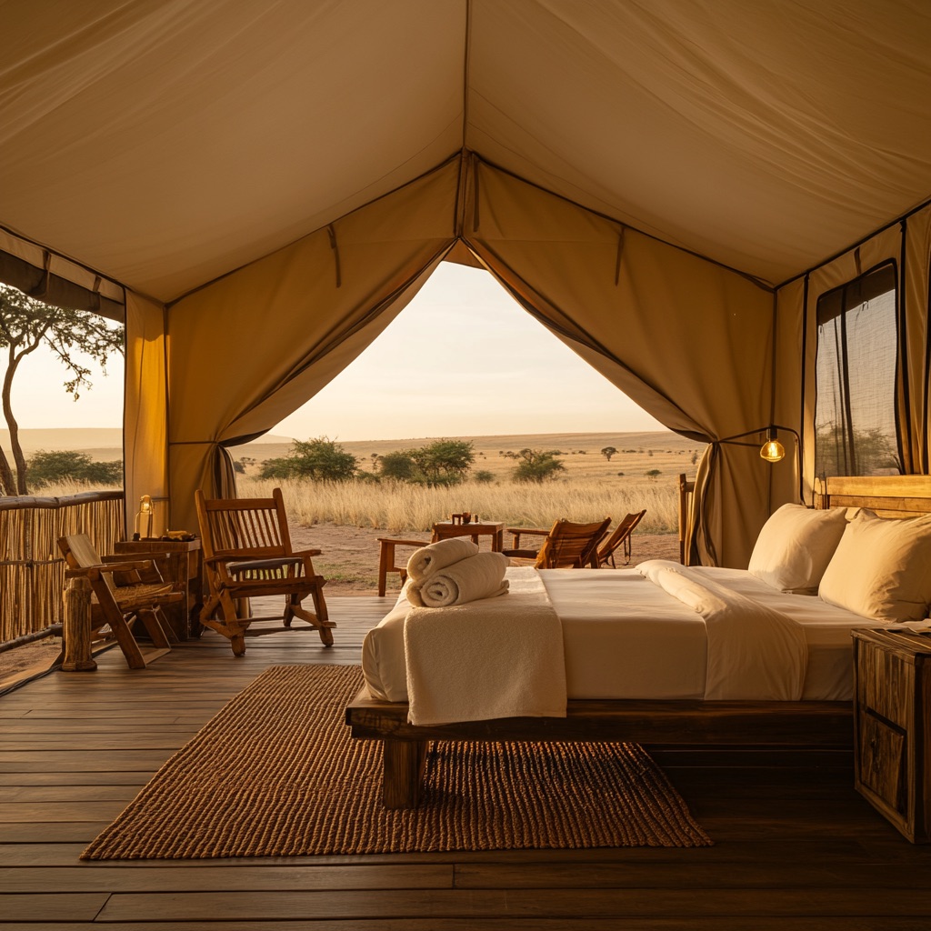 luxury safari tent interior at golden hour, warm ambient lighting, rustic wooden furniture, two canvas chairs and a wooden table on a small deck, overlooking an African savanna at sunset, cozy natural textures, rolled towels on bed, woven mat flooring, canvas walls and ceiling, handcrafted wooden clothes rack, panoramic view, peaceful and romantic atmosphere, ultra-realistic, 8k, soft golden lighting, wide-angle lens, photographic style --profile nimxj64 --v 6.1 Job ID: f02b0fe9-1284-4065-82ee-ebbb92da4741