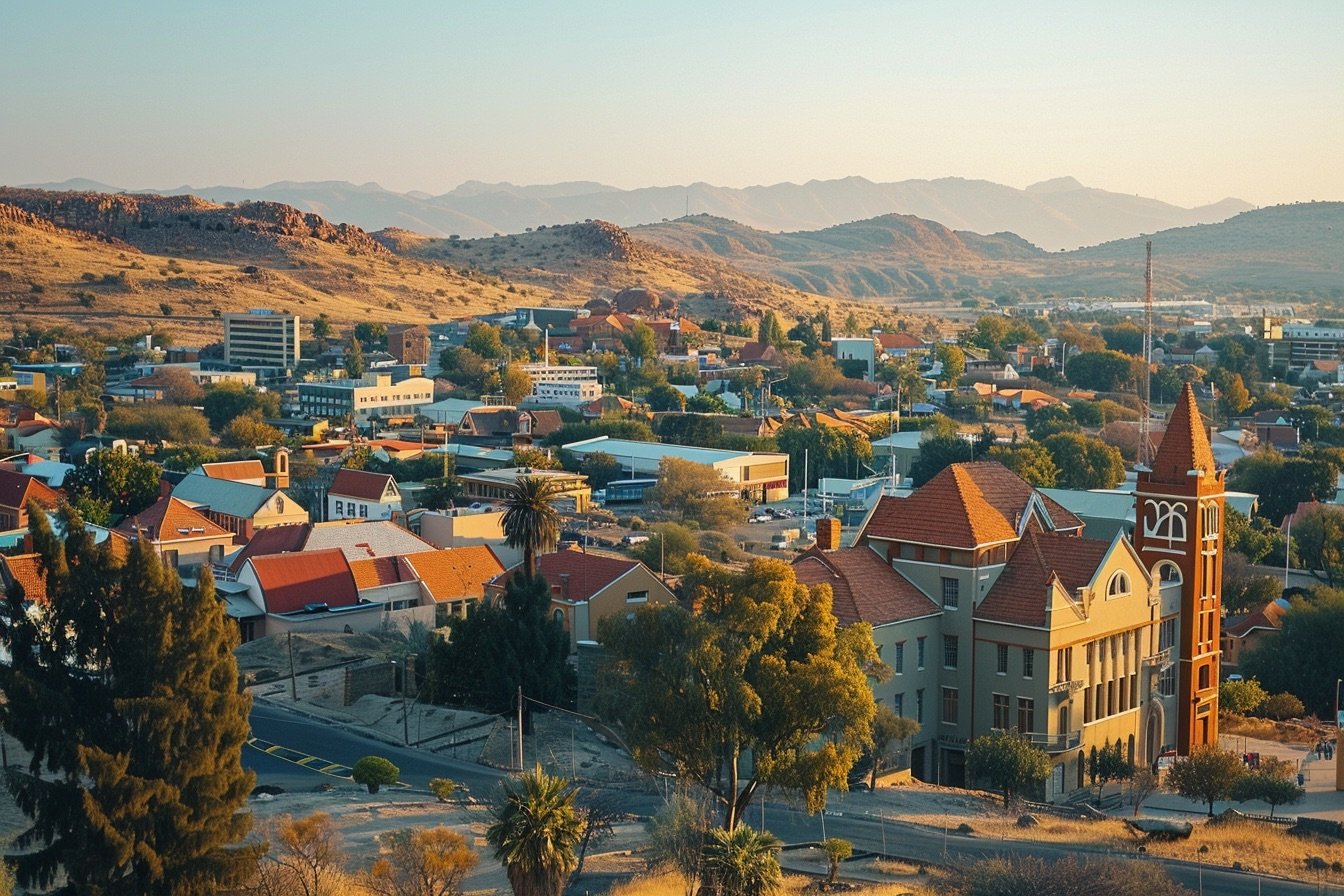 Elevated view from the Alte Feste Museum in Windhoek, looking over the city center, mix of modern and historical buildings, dry hills in the background, clear late afternoon light with warm tones on rooftops, minimal haze realistic photo style, natural lighting, 35mm lens perspective, cinematic composition --ar 3:2 --raw --stylize 250 --v 6 Job ID: 38f99848-c9b2-4b5b-b697-4ef6ee0e7f0a