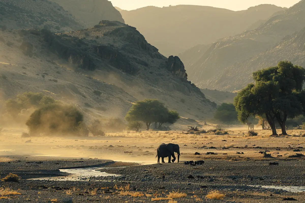 Kaokoland Desert Elephants Riverbed Morning Light — Namibia Buddy Reise