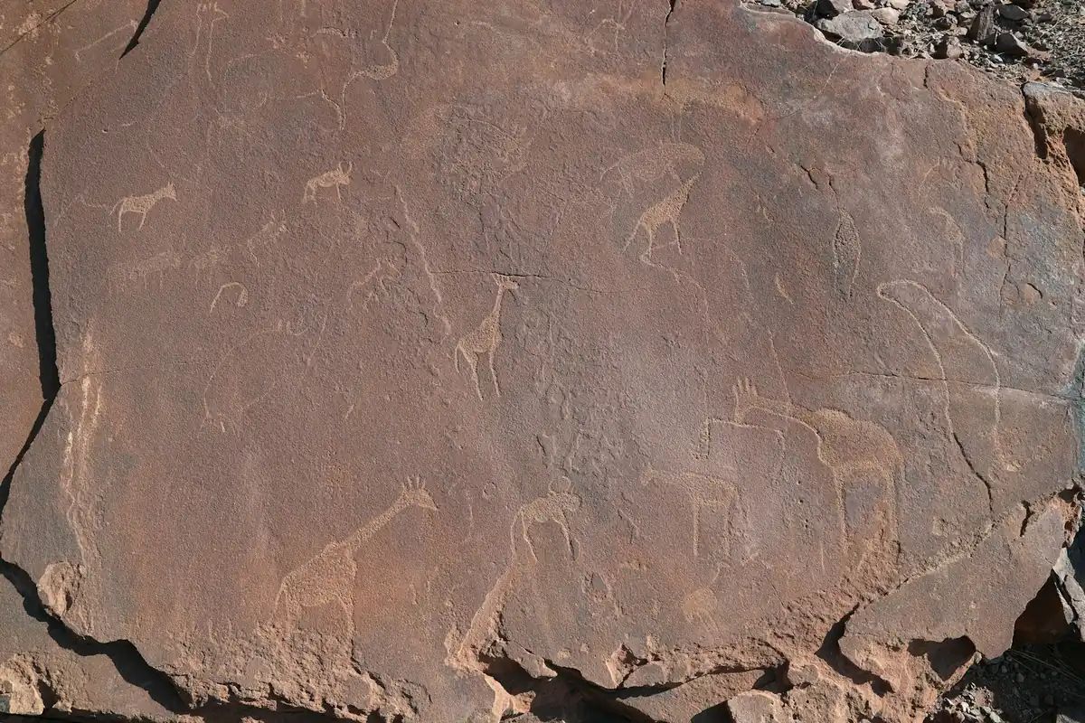 Jahrtausendealte Tiergravuren im Sandstein von Twyfelfontein